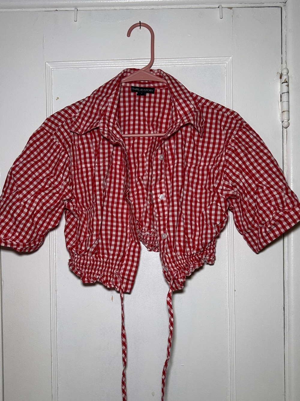 Red Gingham Drawstring Cropped Shirt - Unbranded